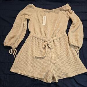NWT Bluivy Waffle Knit Off-the-shoulder Romper with Drawstring Sleeve Size M